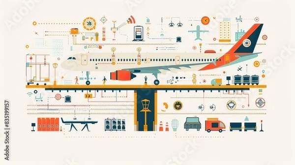 Obraz An infographic showing airport safety procedures with clear icons and bright colors, making it easy to understand, Flat Design, Colorful