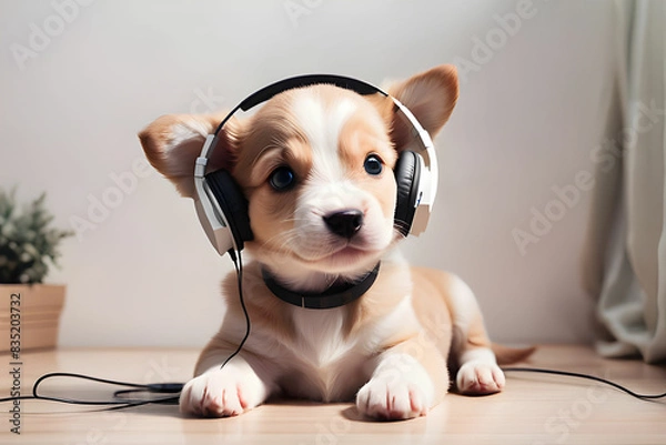 Obraz A cute puppy listening to music with earphones on.