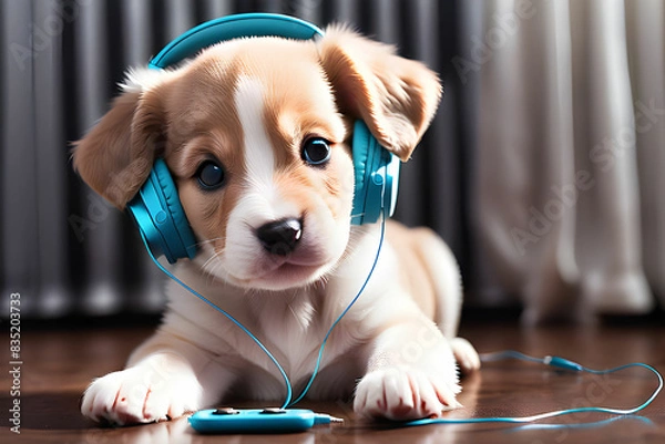 Obraz A cute puppy listening to music with earphones on.