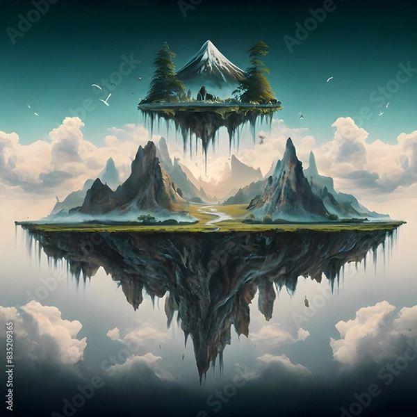 Fototapeta An extraordinary surreal landscape image that defies the laws of gravity and conventional 