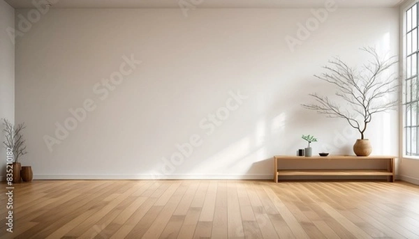 Fototapeta Minimalist room with parquet floor and plain walls. Made with Generative AI.