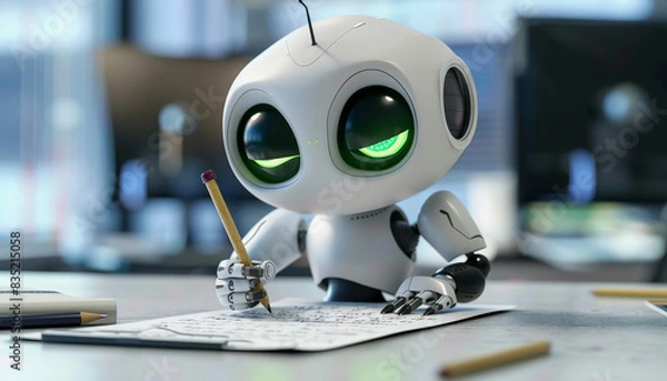 Fototapeta AI robot writing on paper with pencil, Concept of artificial intelligence learning by AI generated image