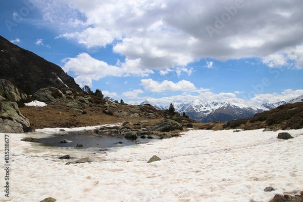 Obraz Vistas de unos picos nevados desde un arroyo con muchas nubes en el cielo