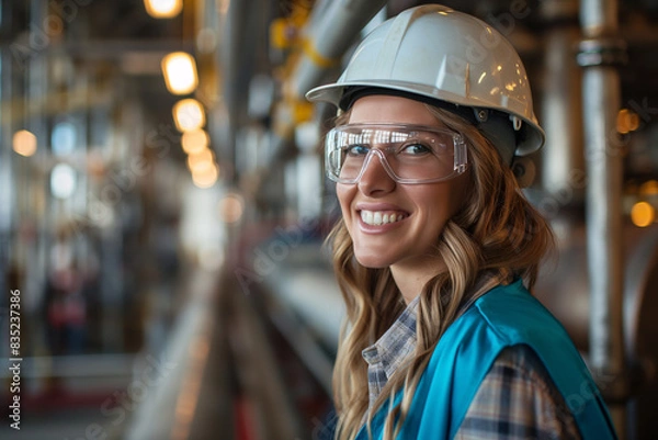 Fototapeta Smiling Caucasian Woman Engineer Wearing Protective Helmet at Manufacturing Facility