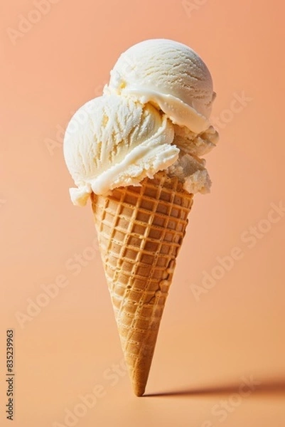 Fototapeta A vanilla ice cream cone with two scoops of ice cream on a soft orange pastel background. Vanilla ice cream in a wafer cup.