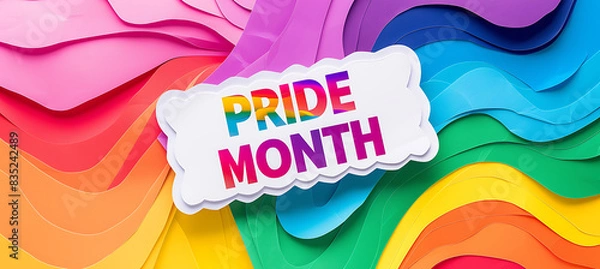 Fototapeta Pride month banner with silhouettes of diverse people LGBTQ+ pride month with celebratory symbols and part, rainbow colors and the text "HAPPY PRIDE MONTH", on a plain colored background Generative AI