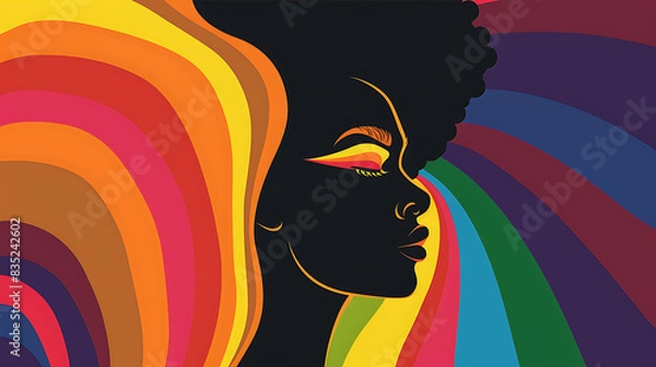 Obraz Pride month banner with silhouettes of diverse people LGBTQ+ pride month with celebratory symbols and part, rainbow colors and the text "HAPPY PRIDE MONTH", on a plain colored background Generative AI