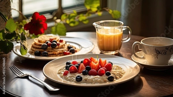 Fototapeta Photograph of a breakfast table set for two, featuring a plate of oatmeal topped with fresh berries, nuts, and a drizzle of honey