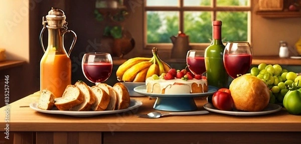 Obraz A table with food arranged in a row - bread, a bottle of wine, a cake, fruits, vegetables, and a jug with juice. Cartoon 3D style