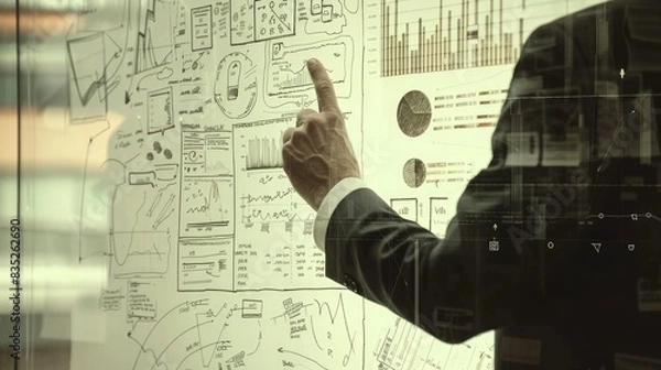 Fototapeta Employing a new modern computer, a businessman's hand is seen working on business strategy, embodying innovation and progress.