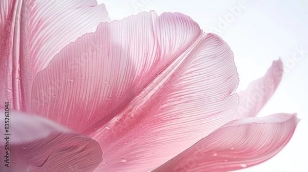 Fototapeta A close-up of a pink tulip with delicate petal veins, beautifully set against a white background