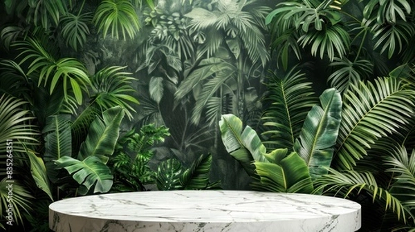 Fototapeta empty marble top product display showcase stage with tropical lush jungle leaves background
