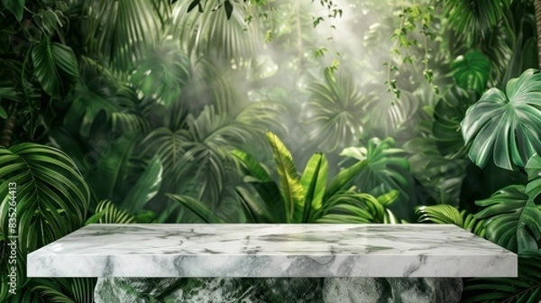 Fototapeta empty marble top product display showcase stage with tropical lush jungle leaves background
