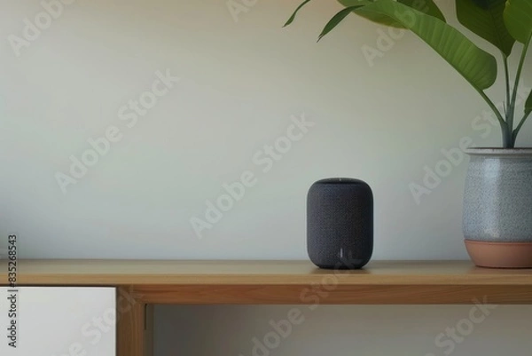 Obraz A digital assistant speaker on a minimalist shelf, providing copy space on the right