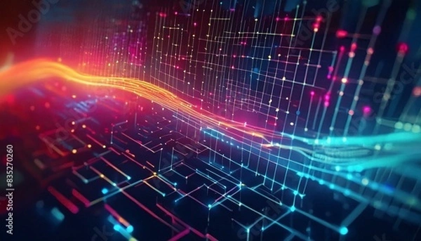 Obraz Digital abstract background for technological operations, neural networks, AI, data transmission and encryption, digital archives, audio and visual representations, scientific research. Copy space.