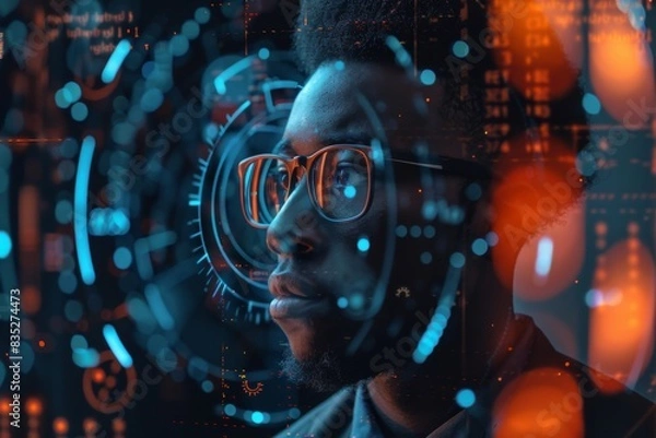 Fototapeta A cyber concept image featuring futuristic digital graphics and unidentifiable person with obscured face