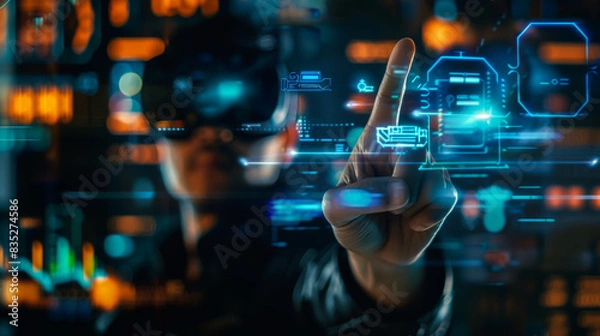Fototapeta Portrait of a man in VR glasses controlling a glowing hologram of windows, symbols and panels. A young man wearing a virtual reality headset plays against a dark background. Technology concept.