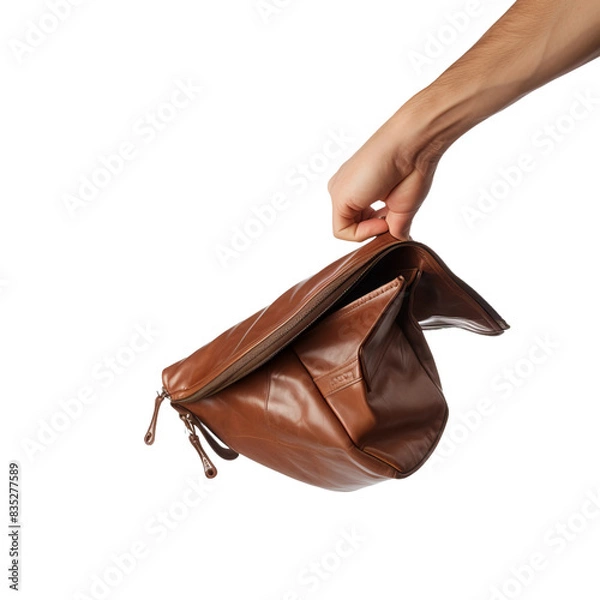 Fototapeta closeup of flipping a mans purse upside down on an isolated white background