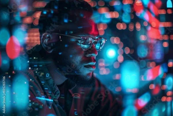 Obraz Dynamic image of an individual surrounded by a shimmering bokeh effect in multicolored lighting