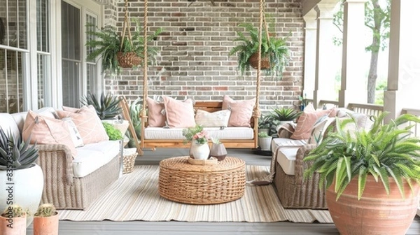 Fototapeta Photo of a charming outdoor patio with wicker furniture, swing, potted plants, and a view of a lush garden under a wooden pergola.