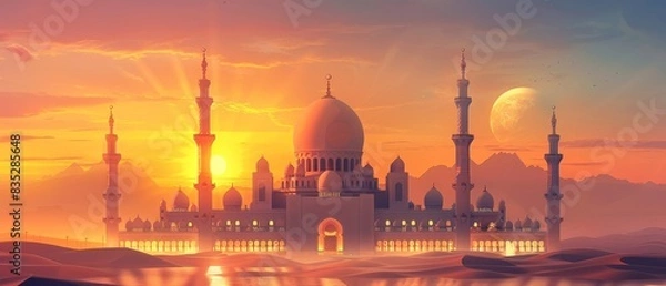 Fototapeta Mosque wallpaper and building for worship in Islam with architecture or temple