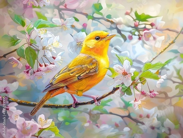 Fototapeta Yellow bird on branch paint