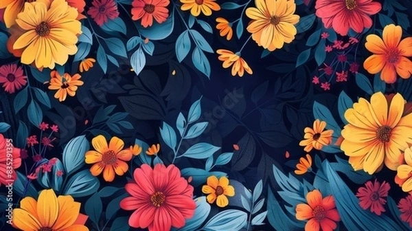 Fototapeta Colorful floral frame with bright yellow, blue, and pink flowers and leaves on a deep blue background, creating a vibrant and dynamic design.