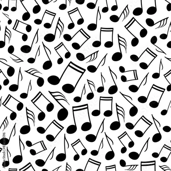 Fototapeta Monochrome vector seamless pattern with differently sized music notes floating over a white backdrop. Surface art design in black and white for use in fabric or graphic design. 