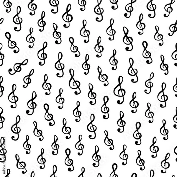 Fototapeta Treble clef music symbols on white background arranged in vector seamless pattern. Surface art texture in black and white for use in fabric or graphic design or printing on various surfaces.