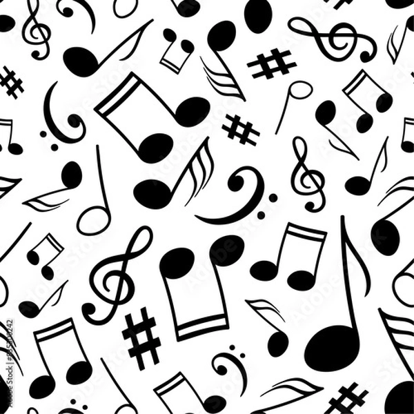 Fototapeta Musical notes, melody signs and symbols arranged in elegant monochrome vector seamless pattern. Clef signs and musical notes on a white backdrop for use in graphic and fabric design.