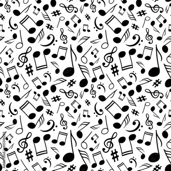 Fototapeta Musical notes, melody signs and symbols arranged in elegant monochrome seamless pattern. Clef signs and musical notes on a white backdrop for use in graphic and fabric design.