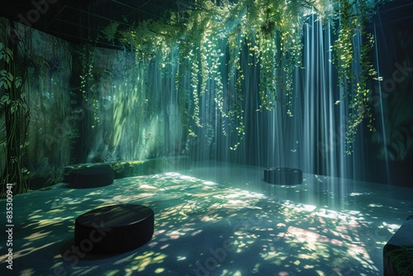 Obraz Chic Avant Art Gallery design with innovative sound and light installations in a serene, nature-inspired environment, blending auditory and visual creativity for a multisensory experience,