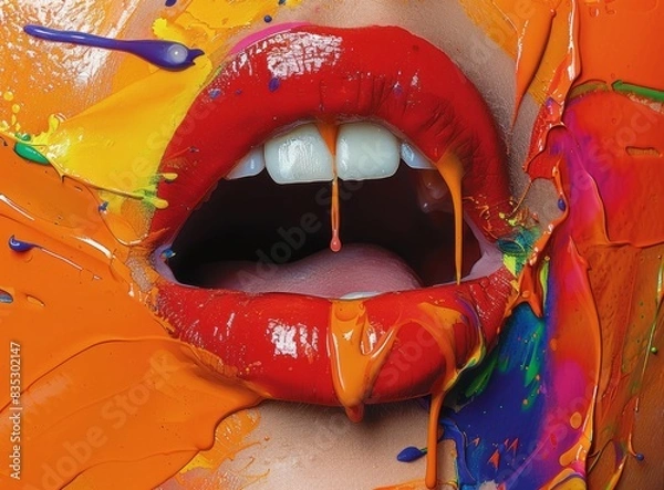 Fototapeta A close-up of red lips, possibly a detail for a mask or face paint used in a colorful Asian festival
