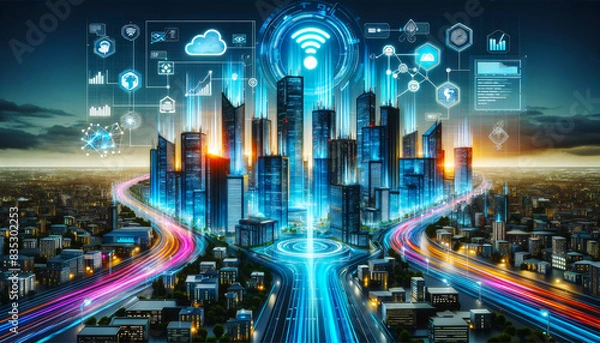 Fototapeta Futuristic Smart City: High-Tech Urban Landscape with 5G, Cloud Computing, and Financial Connectivity