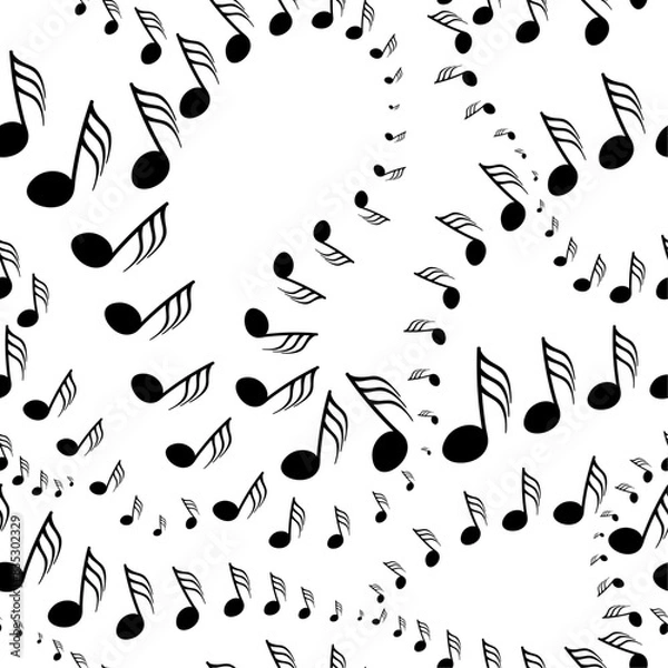 Fototapeta Seamless music note symbols graduating in size in spiral movements over white backdrop arranged in vector pattern.  Monochrome surface design for printing or use in graphic design.
