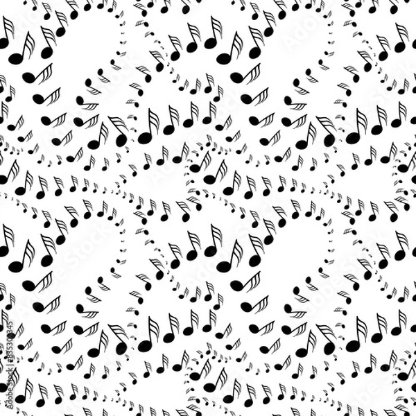Fototapeta Seamless music note symbols graduating in size in spiral movements over white backdrop arranged in pattern.  Monochrome surface design for printing or use in graphic design.