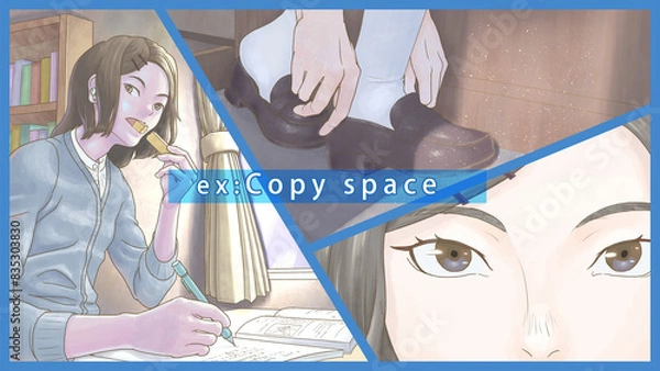 Obraz 「受験当日の朝に今までの日々を思い出す受験生」_水彩塗り,Example of copy space（コピー無しバリエーションも用意しましたが、購入者がコピーありを想定できる例）