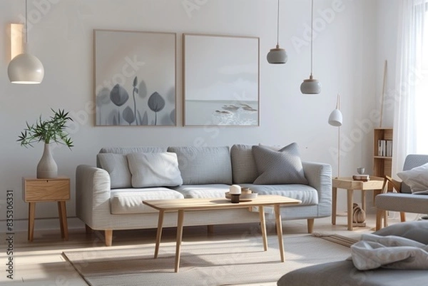 Fototapeta A contemporary living room with a Scandinavian design, featuring light wood furniture, a grey sofa, and minimalist decor.