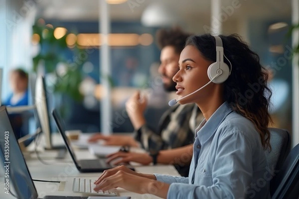 Obraz Customer service rep at busy office desk