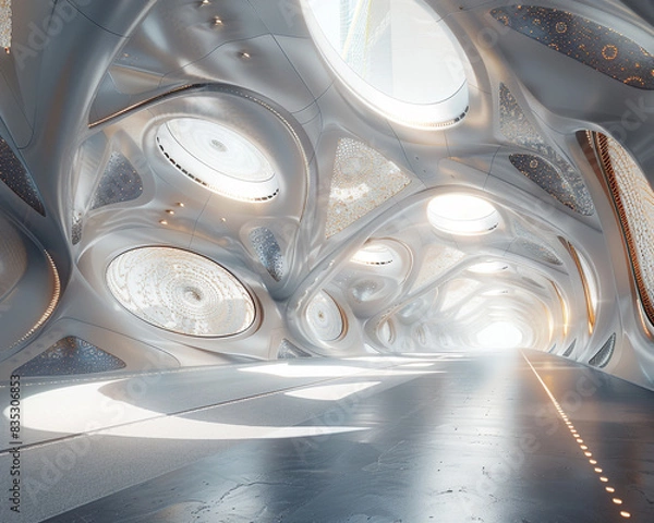 Fototapeta Minimalist Avant Art Gallery layout displaying contemporary digital fractals in a bright, high-tech space, merging mathematical beauty and artistic creativity,