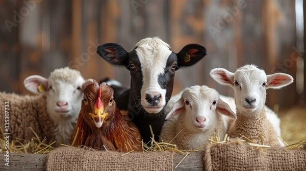 Fototapeta Farm animals with a chicken in rustic barn