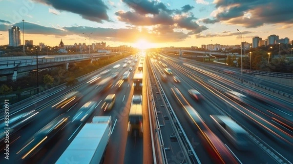 Fototapeta Heavy traffic moving at speed on expressway in city at sunset motion blur.