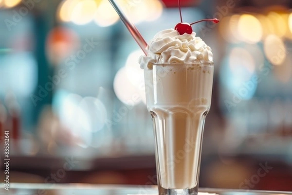 Fototapeta Classic Vanilla Milkshake with Whipped Cream and Cherry Topping in Retro Diner Setting