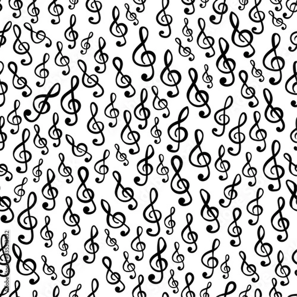 Fototapeta Treble clef music symbols on white background floating over white backdrop in vector seamless pattern. Surface art texture for use in fabric or graphic design or printing on various surfaces.