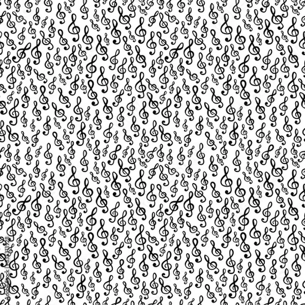 Fototapeta Treble clef music symbols on white background floating over white backdrop in seamless pattern. Surface art texture for use in fabric or graphic design or printing on various surfaces.