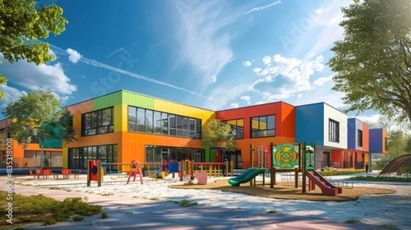 Fototapeta colorful preschool building exterior on sunny day