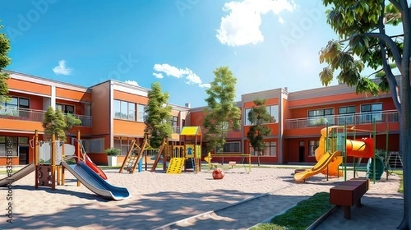 Fototapeta colorful preschool building exterior on sunny day