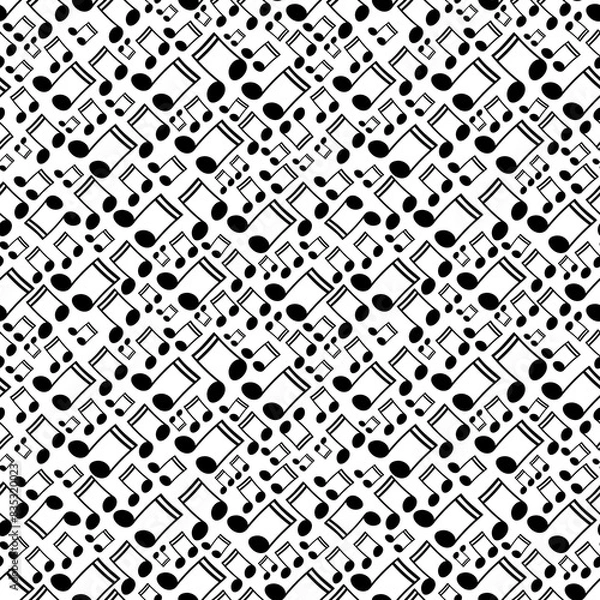 Fototapeta Beam music notes tilted diagonally and arranged in seamless pattern. Surface art texture in black and white for use in fabric or graphic design or printing on various surfaces.