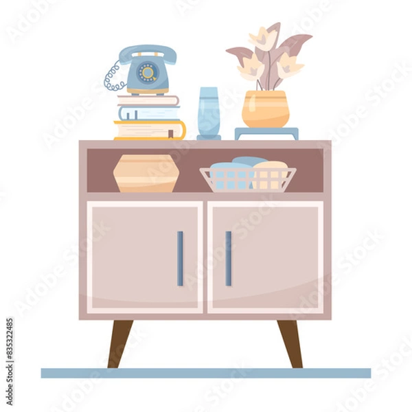Fototapeta Flat nightstand concept with flower and retro old phone. Interior items of cozy modern midcentury design with books and vase on bedside table. Vector cartoon illustration with home decor elements