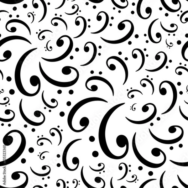 Fototapeta Bass clef music symbols in rotation floating over white backdrop vector seamless pattern. Surface art texture in black and white for use in fabric or graphic design or printing on various surfaces.